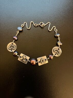 Silver-Tone Geometric & Pearl Bracelet in Dark Purple